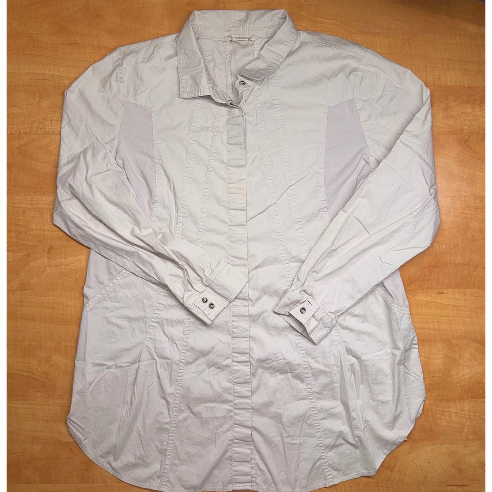 Soft Surroundings Womens Beige Pintuck Mixed Media Button Down Tunic Shirt